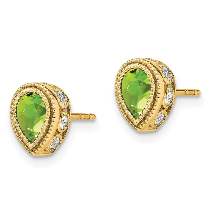 14k Yellow Gold Pear Peridot and Real Diamond Earrings Goldia Earrings