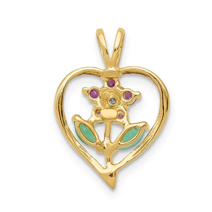 14K Yellow Gold Siam RubyEmeraldReal Diamond Flower in Heart Pendant Goldia Necklaces