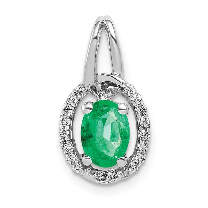 Goldia 14k White Gold Real Diamond and Oval Emerald Pendant Necklaces