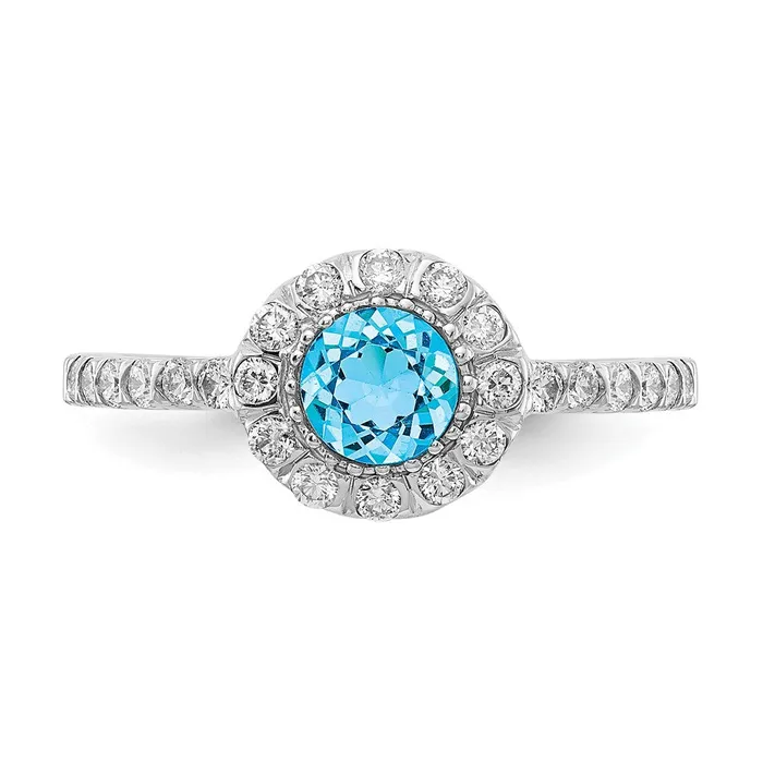 Goldiacom 14k White Gold 5mm Blue Topaz AAA Real Diamond ring Rings