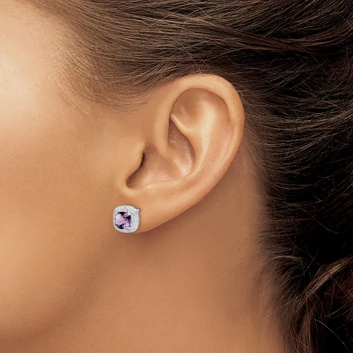Goldia Earrings Sterling Silver Rhodium Plated Amethyst and Diamond Post Earrings