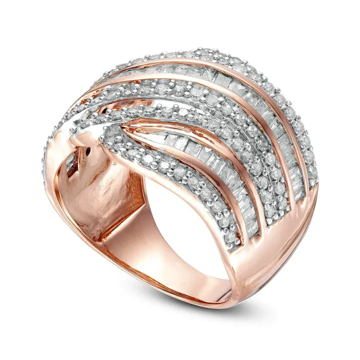 Rings 15 CT TW Baguette and Round Natural Diamond Alternating Waves Ring in Solid 10K Rose Gold Goldia Rings 15 CT TW Baguette and Round Natural Diamond Alternating Waves Ring in Solid 10K Rose Gold Goldia