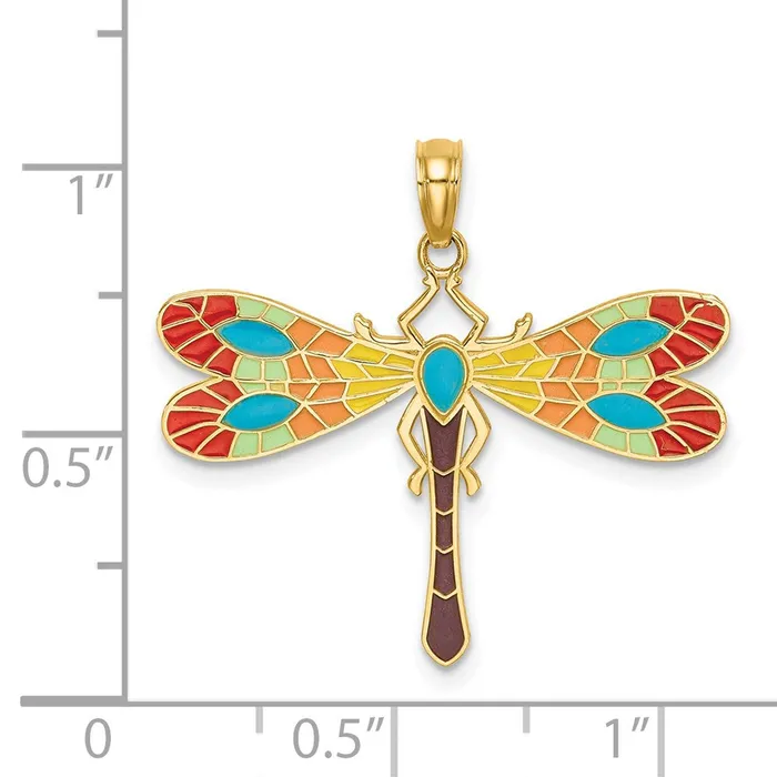 TreasureFineJewelers Charm Necklaces 14k Yellow Gold Multi Color Enamel Dragonfly Charm