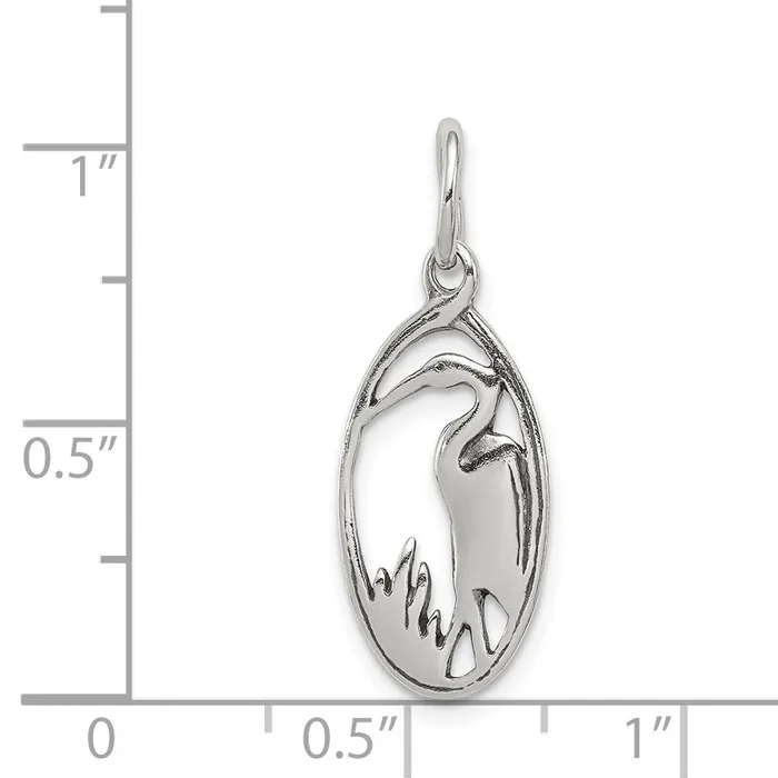 TreasureFineJewelers Rings Sterling Silver Antiqued Crane in Oval Frame Charm
