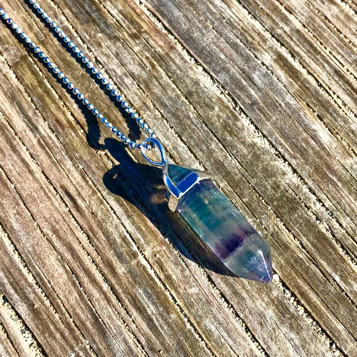 CSJA Rainbow Fluorite Crystal Necklace Necklaces