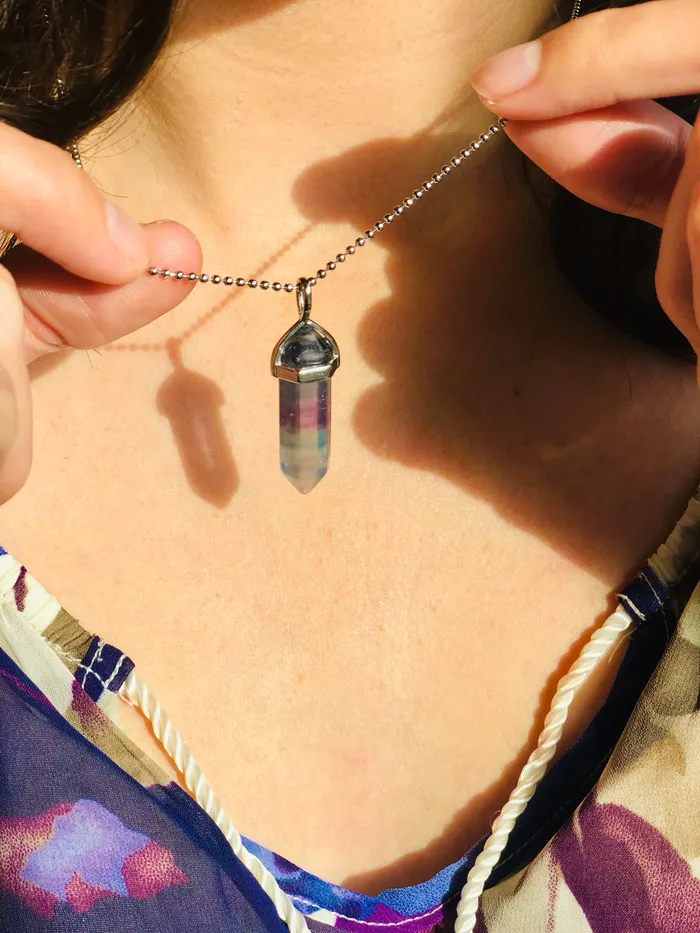 CSJA Rainbow Fluorite Crystal Necklace Necklaces