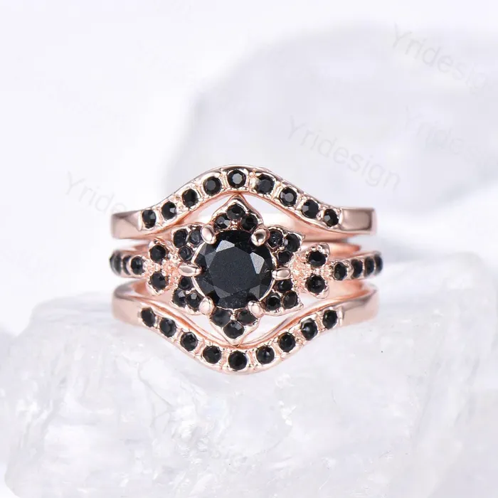 Floral Lotus Black Onyx Engagement Ring Set 3pcs Cluster Black Spinel Wedding Ring Set Unique Black Stone Anniversary Gift Women Bridal Set PENFINE Rings