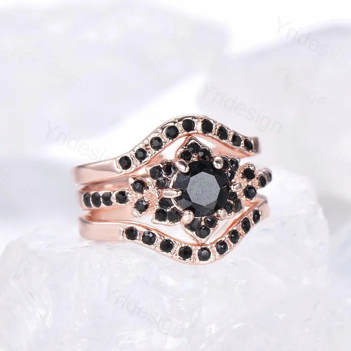 Floral Lotus Black Onyx Engagement Ring Set 3pcs Cluster Black Spinel Wedding Ring Set Unique Black Stone Anniversary Gift Women Bridal Set PENFINE Rings Floral Lotus Black Onyx Engagement Ring Set 3pcs Cluster Black Spinel Wedding Ring Set Unique Black Stone Anniversary Gift Women Bridal Set PENFINE Rings