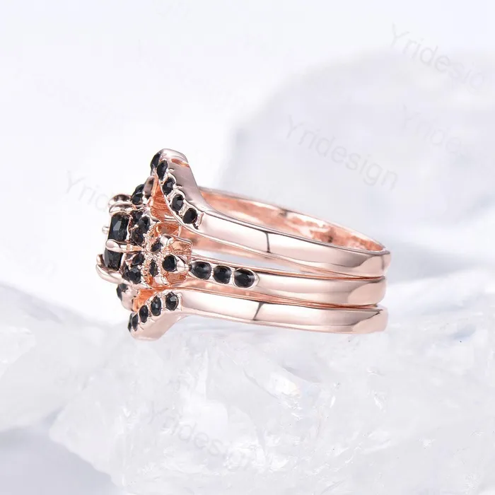 Floral Lotus Black Onyx Engagement Ring Set 3pcs Cluster Black Spinel Wedding Ring Set Unique Black Stone Anniversary Gift Women Bridal Set PENFINE Rings Floral Lotus Black Onyx Engagement Ring Set 3pcs Cluster Black Spinel Wedding Ring Set Unique Black Stone Anniversary Gift Women Bridal Set PENFINE Rings