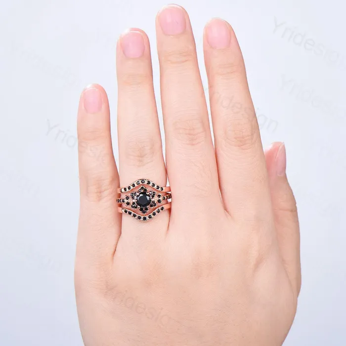 Floral Lotus Black Onyx Engagement Ring Set 3pcs Cluster Black Spinel Wedding Ring Set Unique Black Stone Anniversary Gift Women Bridal Set PENFINE Rings Floral Lotus Black Onyx Engagement Ring Set 3pcs Cluster Black Spinel Wedding Ring Set Unique Black Stone Anniversary Gift Women Bridal Set PENFINE Rings