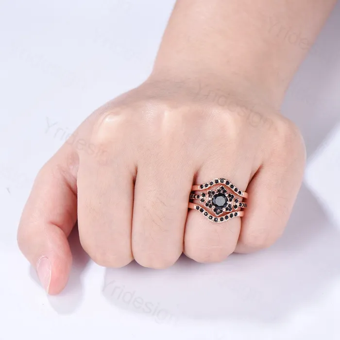 Floral Lotus Black Onyx Engagement Ring Set 3pcs Cluster Black Spinel Wedding Ring Set Unique Black Stone Anniversary Gift Women Bridal Set PENFINE Rings Floral Lotus Black Onyx Engagement Ring Set 3pcs Cluster Black Spinel Wedding Ring Set Unique Black Stone Anniversary Gift Women Bridal Set PENFINE Rings