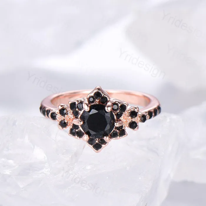 Floral Lotus Black Onyx Engagement Ring Set 3pcs Cluster Black Spinel Wedding Ring Set Unique Black Stone Anniversary Gift Women Bridal Set PENFINE Rings Floral Lotus Black Onyx Engagement Ring Set 3pcs Cluster Black Spinel Wedding Ring Set Unique Black Stone Anniversary Gift Women Bridal Set PENFINE Rings