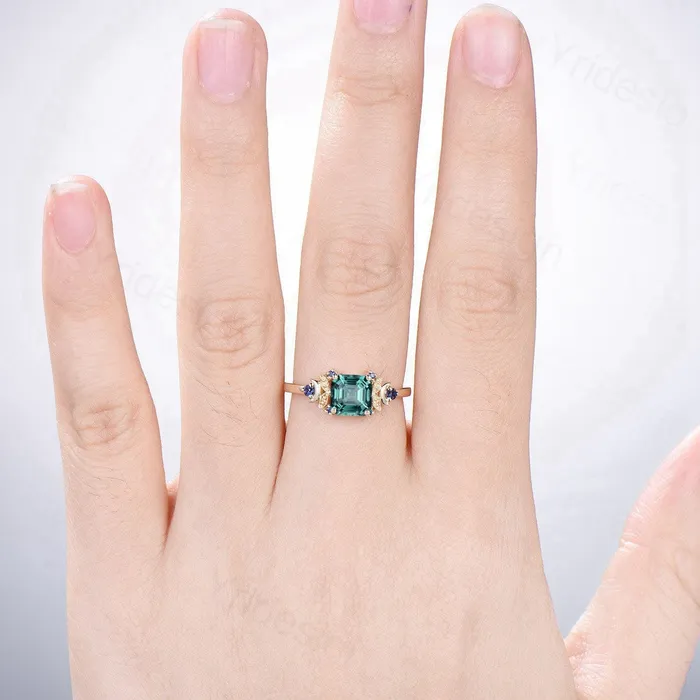 PENFINE Rings Unique Green Sapphire Engagement Ring Asscher Cut White Gold14K18K Vintage Moon Wedding Ring For Women Teal Sapphire Anniversary Ring PENFINE Rings Unique Green Sapphire Engagement Ring Asscher Cut White Gold14K18K Vintage Moon Wedding Ring For Women Teal Sapphire Anniversary Ring