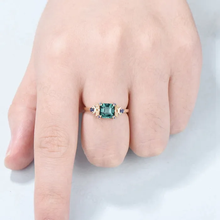 PENFINE Rings Unique Green Sapphire Engagement Ring Asscher Cut White Gold14K18K Vintage Moon Wedding Ring For Women Teal Sapphire Anniversary Ring PENFINE Rings Unique Green Sapphire Engagement Ring Asscher Cut White Gold14K18K Vintage Moon Wedding Ring For Women Teal Sapphire Anniversary Ring