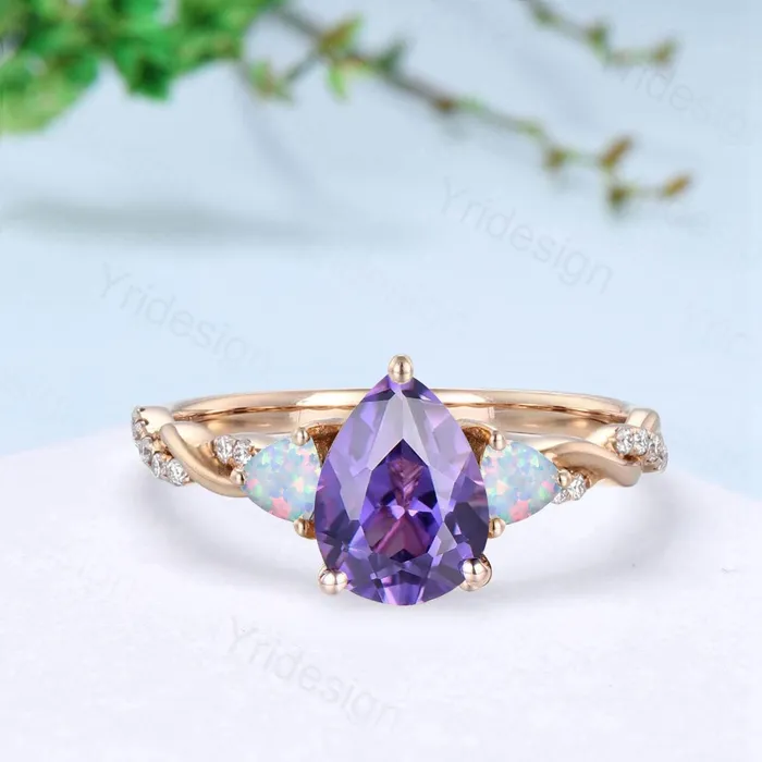 PENFINE Rings Unique pear shaped purple amethyst engagement ring cluster trillion white opal wedding ring art deco twist infinity band anniversary gift PENFINE Rings Unique pear shaped purple amethyst engagement ring cluster trillion white opal wedding ring art deco twist infinity band anniversary gift