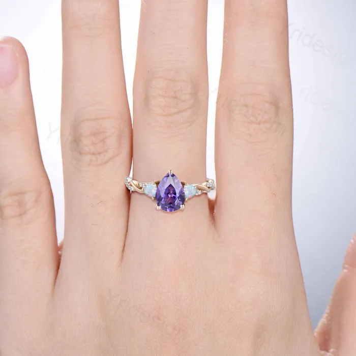 PENFINE Rings Unique pear shaped purple amethyst engagement ring cluster trillion white opal wedding ring art deco twist infinity band anniversary gift PENFINE Rings Unique pear shaped purple amethyst engagement ring cluster trillion white opal wedding ring art deco twist infinity band anniversary gift