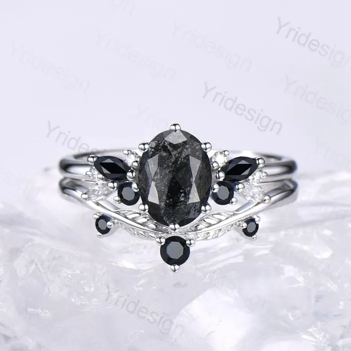 PENFINE Rings Unique salt and pepper diamond engagement ring set Art Deco Bee black spinel wedding ring vintage leaf vine stacking band bridal set women PENFINE Rings Unique salt and pepper diamond engagement ring set Art Deco Bee black spinel wedding ring vintage leaf vine stacking band bridal set women