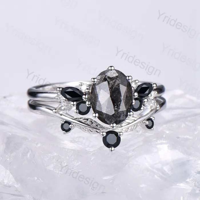 PENFINE Rings Unique salt and pepper diamond engagement ring set Art Deco Bee black spinel wedding ring vintage leaf vine stacking band bridal set women PENFINE Rings Unique salt and pepper diamond engagement ring set Art Deco Bee black spinel wedding ring vintage leaf vine stacking band bridal set women