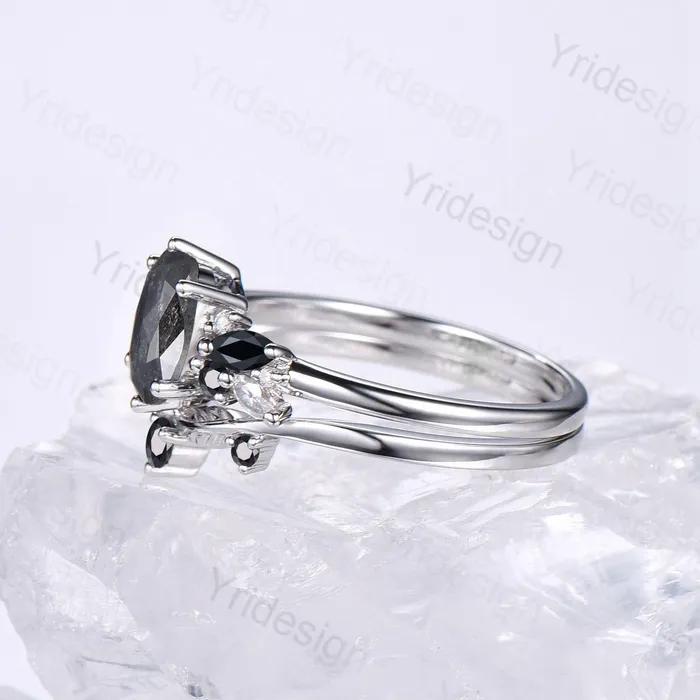 PENFINE Rings Unique salt and pepper diamond engagement ring set Art Deco Bee black spinel wedding ring vintage leaf vine stacking band bridal set women PENFINE Rings Unique salt and pepper diamond engagement ring set Art Deco Bee black spinel wedding ring vintage leaf vine stacking band bridal set women