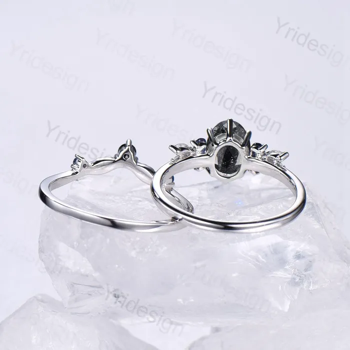 PENFINE Rings Unique salt and pepper diamond engagement ring set Art Deco Bee black spinel wedding ring vintage leaf vine stacking band bridal set women PENFINE Rings Unique salt and pepper diamond engagement ring set Art Deco Bee black spinel wedding ring vintage leaf vine stacking band bridal set women