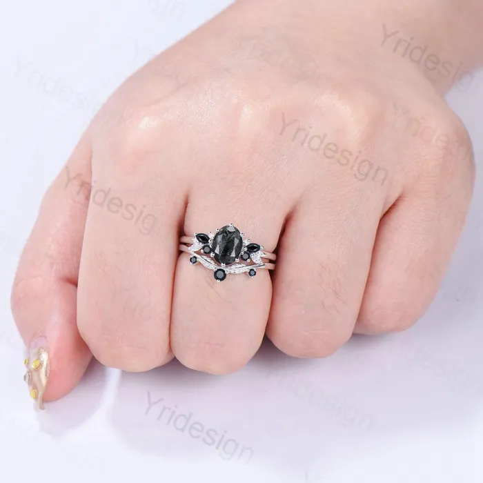 PENFINE Rings Unique salt and pepper diamond engagement ring set Art Deco Bee black spinel wedding ring vintage leaf vine stacking band bridal set women PENFINE Rings Unique salt and pepper diamond engagement ring set Art Deco Bee black spinel wedding ring vintage leaf vine stacking band bridal set women