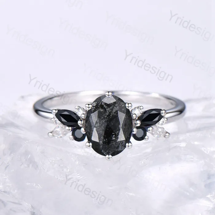 PENFINE Rings Unique salt and pepper diamond engagement ring set Art Deco Bee black spinel wedding ring vintage leaf vine stacking band bridal set women PENFINE Rings Unique salt and pepper diamond engagement ring set Art Deco Bee black spinel wedding ring vintage leaf vine stacking band bridal set women