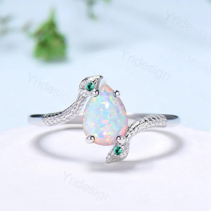 PENFINE Rings Unique Snake white fire opal engagement ring coldblooded pear shaped opal emerald three stone wedding ring women anniversary promise gift PENFINE Rings Unique Snake white fire opal engagement ring coldblooded pear shaped opal emerald three stone wedding ring women anniversary promise gift