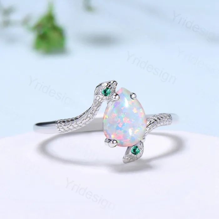 PENFINE Rings Unique Snake white fire opal engagement ring coldblooded pear shaped opal emerald three stone wedding ring women anniversary promise gift PENFINE Rings Unique Snake white fire opal engagement ring coldblooded pear shaped opal emerald three stone wedding ring women anniversary promise gift
