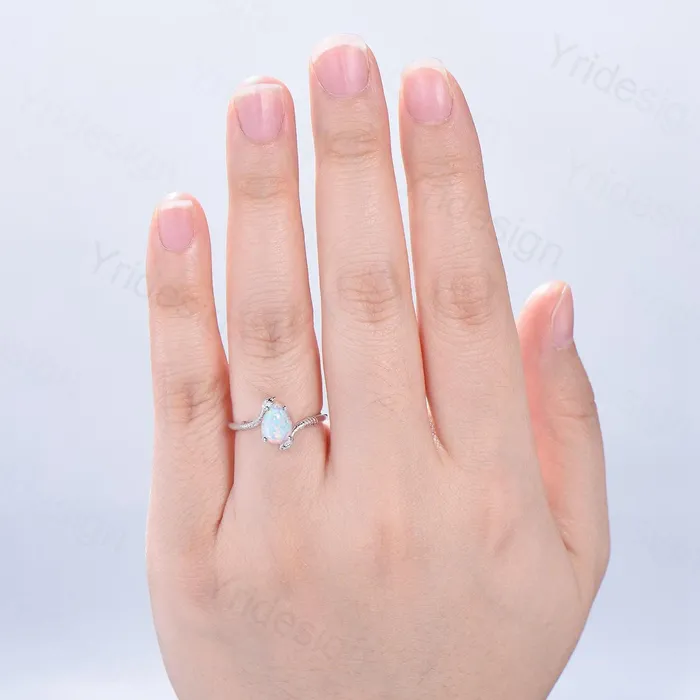 PENFINE Rings Unique Snake white fire opal engagement ring coldblooded pear shaped opal emerald three stone wedding ring women anniversary promise gift PENFINE Rings Unique Snake white fire opal engagement ring coldblooded pear shaped opal emerald three stone wedding ring women anniversary promise gift