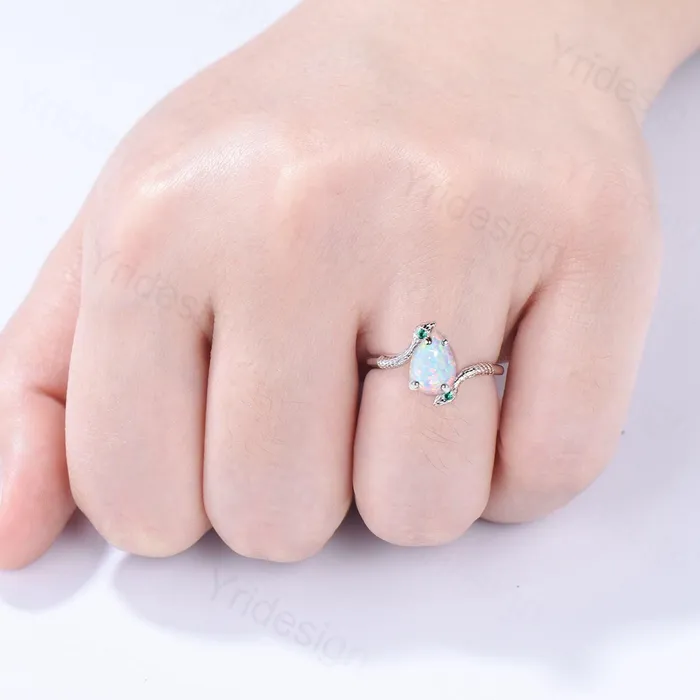PENFINE Rings Unique Snake white fire opal engagement ring coldblooded pear shaped opal emerald three stone wedding ring women anniversary promise gift PENFINE Rings Unique Snake white fire opal engagement ring coldblooded pear shaped opal emerald three stone wedding ring women anniversary promise gift