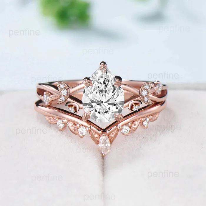 Rings PENFINE Vinatge pear shaped moissanite wedding ring set moon engagement ring women vintage unique anniversary gift rose gold lab grown diamond ring