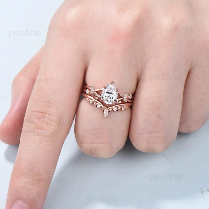 Rings PENFINE Vinatge pear shaped moissanite wedding ring set moon engagement ring women vintage unique anniversary gift rose gold lab grown diamond ring Rings PENFINE Vinatge pear shaped moissanite wedding ring set moon engagement ring women vintage unique anniversary gift rose gold lab grown diamond ring