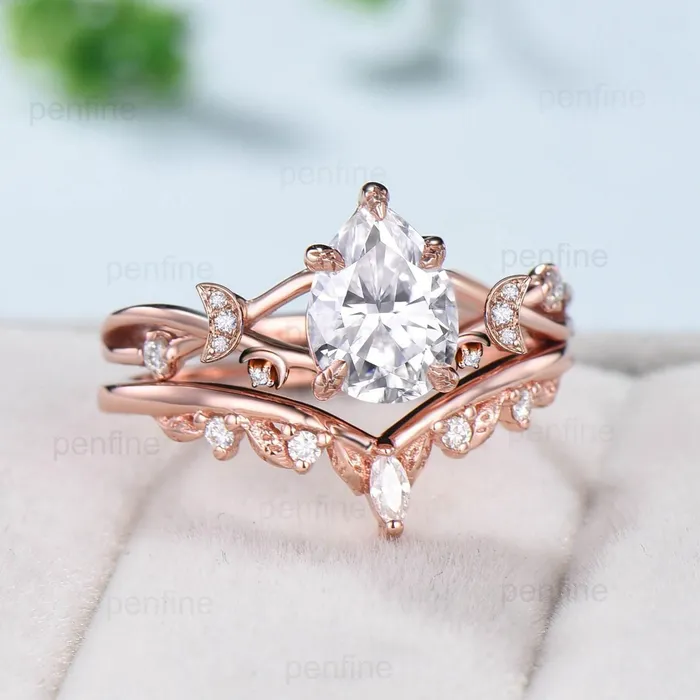 Rings PENFINE Vinatge pear shaped moissanite wedding ring set moon engagement ring women vintage unique anniversary gift rose gold lab grown diamond ring Rings PENFINE Vinatge pear shaped moissanite wedding ring set moon engagement ring women vintage unique anniversary gift rose gold lab grown diamond ring