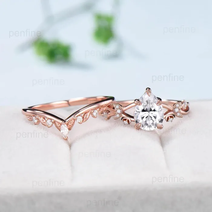 Rings PENFINE Vinatge pear shaped moissanite wedding ring set moon engagement ring women vintage unique anniversary gift rose gold lab grown diamond ring Rings PENFINE Vinatge pear shaped moissanite wedding ring set moon engagement ring women vintage unique anniversary gift rose gold lab grown diamond ring
