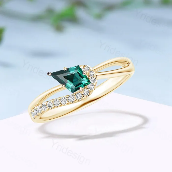 Unique Kite cut emerald engagement ring split shank silver rose gold green stone eternity may birthstone wedding ring mom anniversary gifts PENFINE Rings Unique Kite cut emerald engagement ring split shank silver rose gold green stone eternity may birthstone wedding ring mom anniversary gifts PENFINE Rings