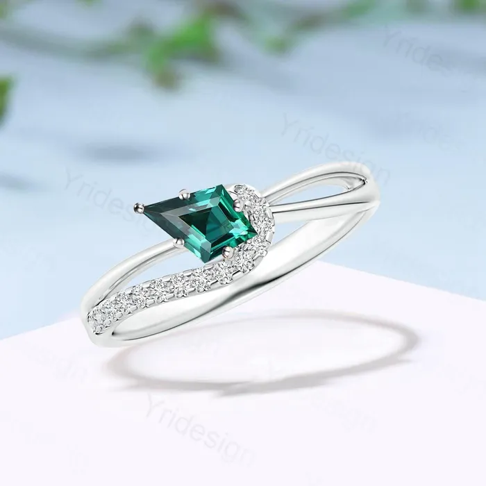 Unique Kite cut emerald engagement ring split shank silver rose gold green stone eternity may birthstone wedding ring mom anniversary gifts PENFINE Rings Unique Kite cut emerald engagement ring split shank silver rose gold green stone eternity may birthstone wedding ring mom anniversary gifts PENFINE Rings