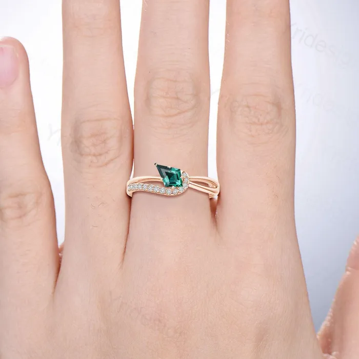 Unique Kite cut emerald engagement ring split shank silver rose gold green stone eternity may birthstone wedding ring mom anniversary gifts PENFINE Rings Unique Kite cut emerald engagement ring split shank silver rose gold green stone eternity may birthstone wedding ring mom anniversary gifts PENFINE Rings