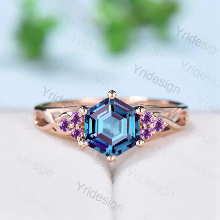 Vintage Alexandrite Engagement Ring Hexagon Cut Rose Gold Unique Cluster Amethyst Milgrain Diamond Wedding Ring Women Promise ring gift PENFINE Rings Vintage Alexandrite Engagement Ring Hexagon Cut Rose Gold Unique Cluster Amethyst Milgrain Diamond Wedding Ring Women Promise ring gift PENFINE Rings