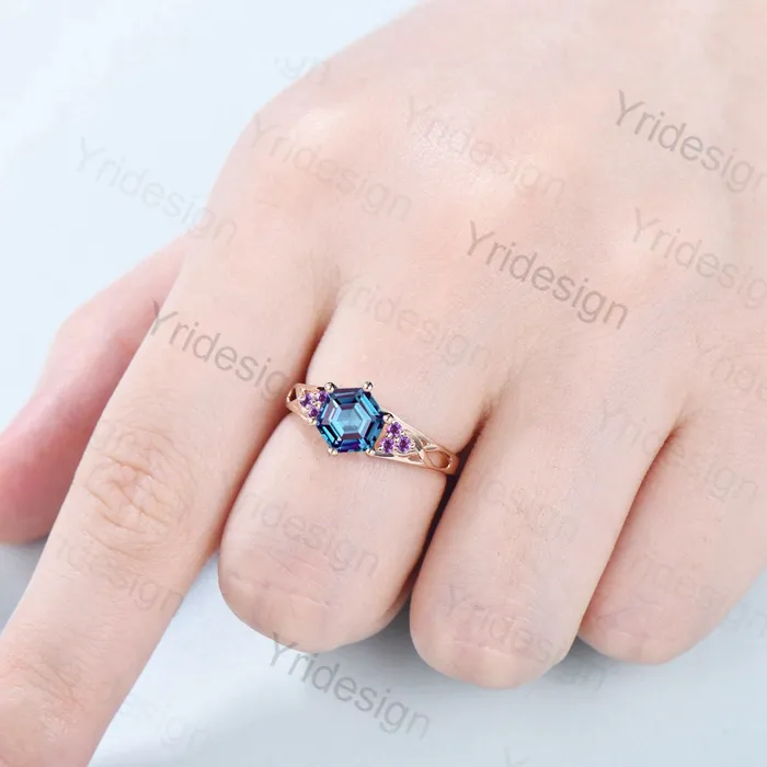 Vintage Alexandrite Engagement Ring Hexagon Cut Rose Gold Unique Cluster Amethyst Milgrain Diamond Wedding Ring Women Promise ring gift PENFINE Rings Vintage Alexandrite Engagement Ring Hexagon Cut Rose Gold Unique Cluster Amethyst Milgrain Diamond Wedding Ring Women Promise ring gift PENFINE Rings