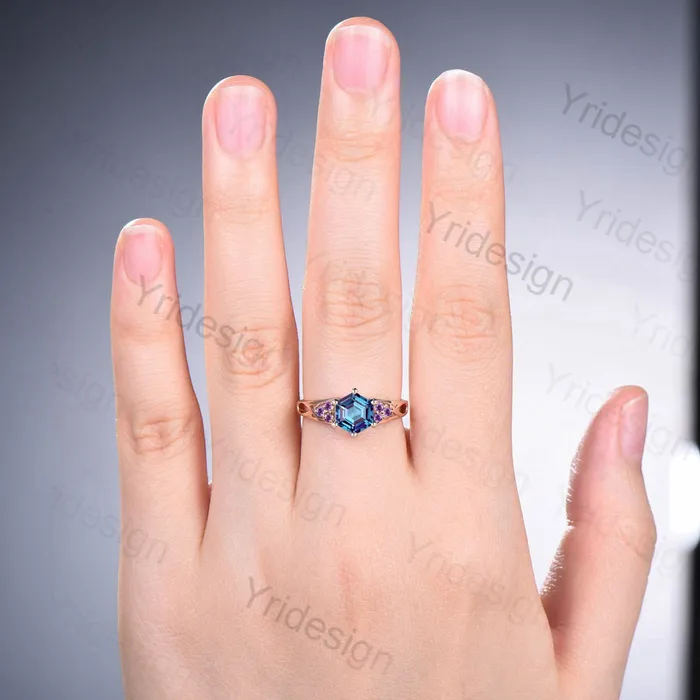 Vintage Alexandrite Engagement Ring Hexagon Cut Rose Gold Unique Cluster Amethyst Milgrain Diamond Wedding Ring Women Promise ring gift PENFINE Rings Vintage Alexandrite Engagement Ring Hexagon Cut Rose Gold Unique Cluster Amethyst Milgrain Diamond Wedding Ring Women Promise ring gift PENFINE Rings