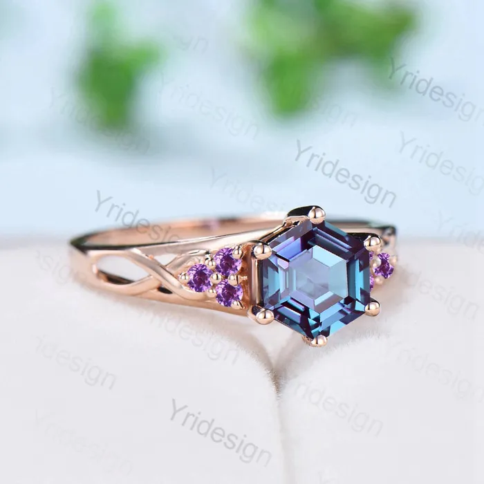 Vintage Alexandrite Engagement Ring Hexagon Cut Rose Gold Unique Cluster Amethyst Milgrain Diamond Wedding Ring Women Promise ring gift PENFINE Rings Vintage Alexandrite Engagement Ring Hexagon Cut Rose Gold Unique Cluster Amethyst Milgrain Diamond Wedding Ring Women Promise ring gift PENFINE Rings